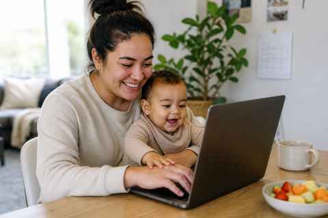 Mother holding baby at table looking at laptop screen