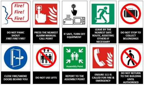 Do not panic; Shout Fire! Fire! Fire! Press the nearest alarm manual call point. If safe, turn off equipment. Leave by the nearest safe route, assisting other if necessary. Do not stop to collect belongings. Close fire/smoke doors behind you. Do not use lifts. Report to the assembly point. Ensure 111 is called for Fire & Emergency. Do not return to the building until authorised.