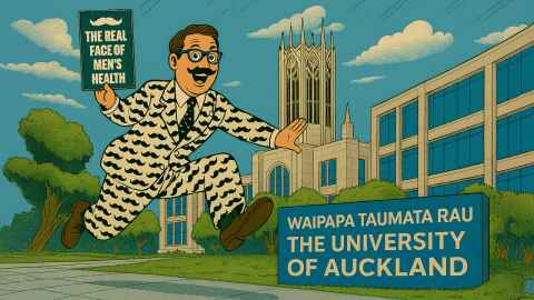 A cartoon of a man with a moustache, wearing a moustashe suit in front of the University