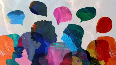 Colourful silhouettes of people with speech bubbles