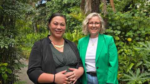 Two women against a green background