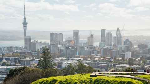 Auckland skyline viewed from the summit of Mt Eden. 