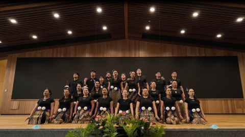 Students performing Tōki Āhuru Mōwai.