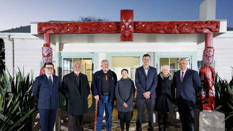Photo of the Kairangahau of the James Henare Research Centre, pictured with the Henare whānau. Including Chair of the centre, Bernard Henare, son of Sir James, and Peeni Henare, mokopuna of Sir James.