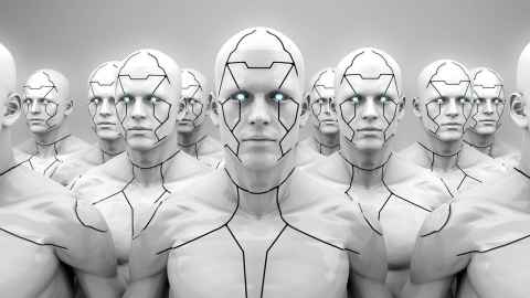 Photo-realistic image of rows of humans with white segmented skin and glowing blue eyes, imagined as AI