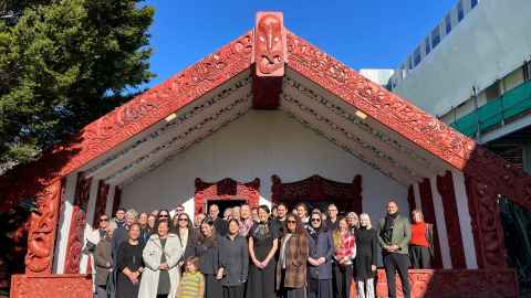 Photo of Sarah and Mel's pōwhiri at Waipapa Marae.