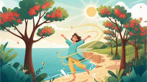 AI generated illustration of a woman walking on a beach on a sunny day. 