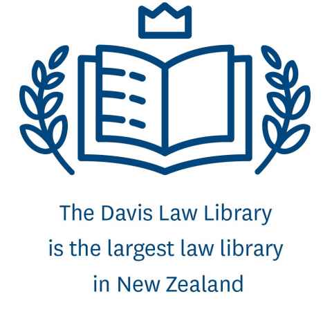 book icon with text saying The David Law Library is the largest law library in New Zealand