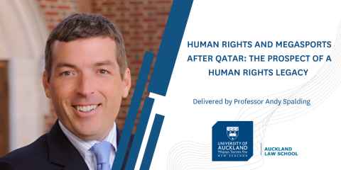 A photo of a man with the words 'Human rights and megasports after Qatar: The prospect of a human rights legacy; Delivered by Professor Andy Spalding'.