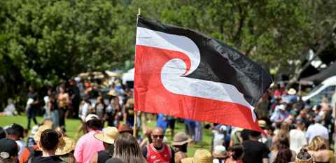 Maori people carrying the Māori flag on Waitangi Day