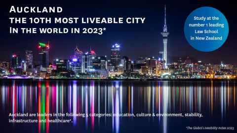 A photo of Auckland city at night with the words 'Auckland, The 10th most liveable city in the world' in 2023.
