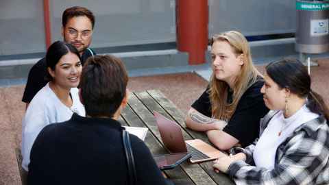 students outside library
