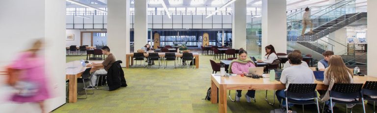 Students working at tables in the library