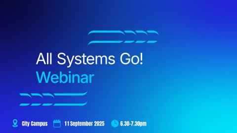 A graphic showing the date and time of the All Systems Go! Webinar. 