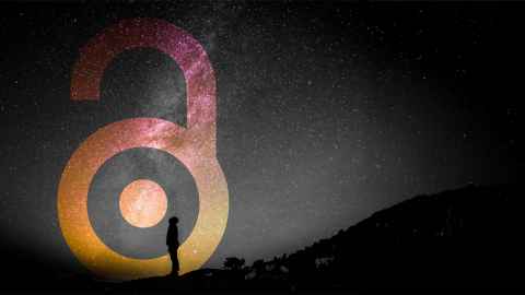 A black and white graphic image of  human staring up at the stars, with an overlay of the Open Access logo in pink and orange.