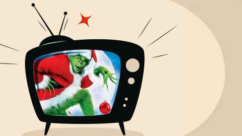 A graphic image of a cartoon television showing the Grinch movie on the screen. 