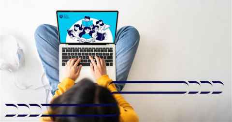 A graphic of a student using their laptop to access the Learning Essentials webpage.