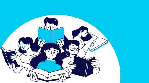 A cartoon graphic of a group of students reading books.