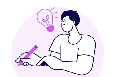 Cartoon image of person writing and a light bulb flashing above their head