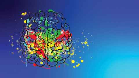 Graphic image an outline of brain overlayed on top of colourful paint splatters on blue background