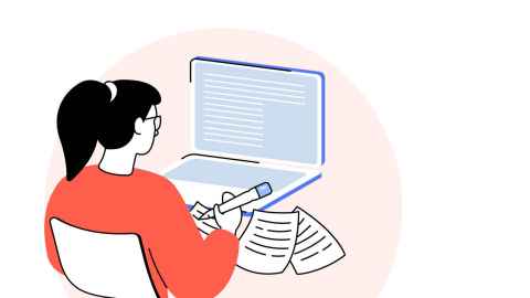 Illustration of a student sitting in front of a computer writing an essay