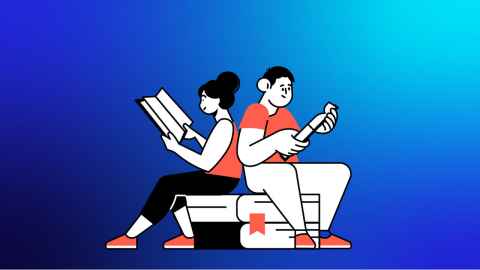 Graphic image of two students studying with books.