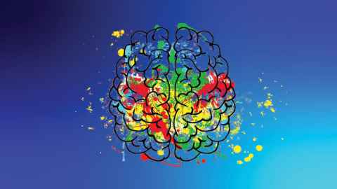 Graphic image of a brain, with multicoloured paint on a blue background. 