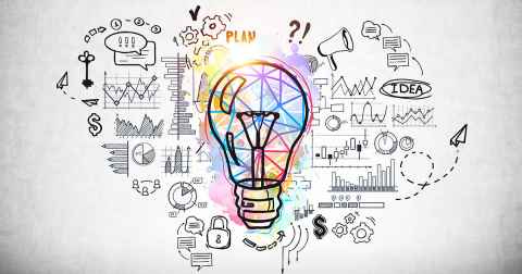 A paper-like background with black and white  sketches of graphs and icons and a colourful lightbulb drawn in the centre