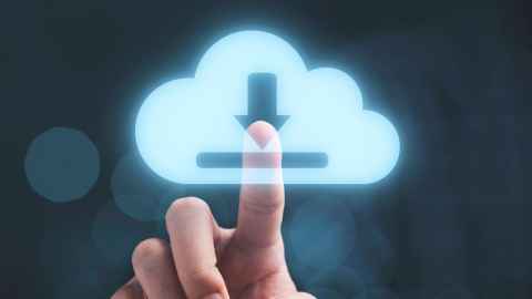 Graphic image of a person pointing to a cloud download symbol. 