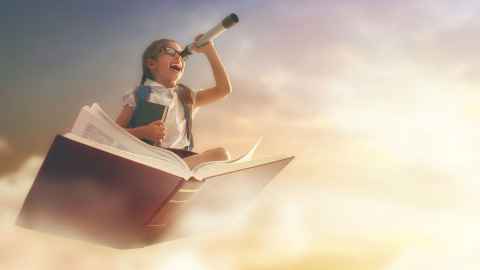Graphic image of a girl sitting on a giant book, flying through the clouds and looking through a telescope.