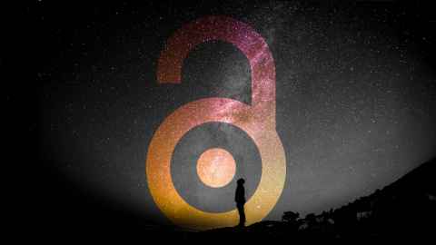 A black and white graphic image of  human staring up at the stars, with an overlay of the Open Access logo in pink and orange.
