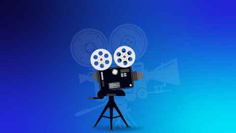 A graphic image of a film projector and a blue background.