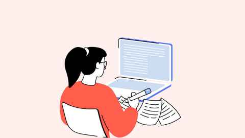 Illustration of a female student studying in front of her laptop.