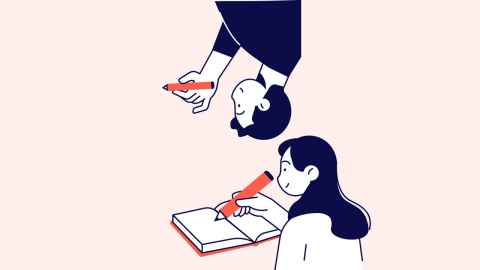 Illustration of two students. One writing in a notebook and another upside down writing in the air.