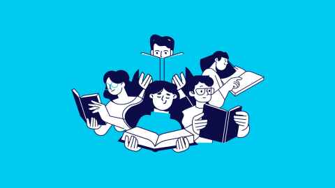 Illustration of five students reading books