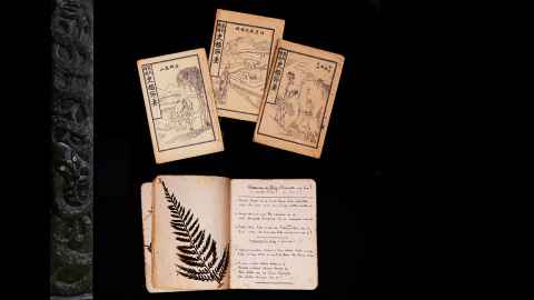 Collection of Māori and Chinese heritage items, including a carved pou, historic Chinese publications, and a handwritten notebook with pressed fern leaves.