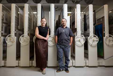 Madeleine Harvey (left), Art Collection Adviser and Jacob Powell, Team Leader, Cultural Collections. 