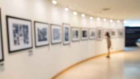 person looking at art in art gallery, abstract blurry image