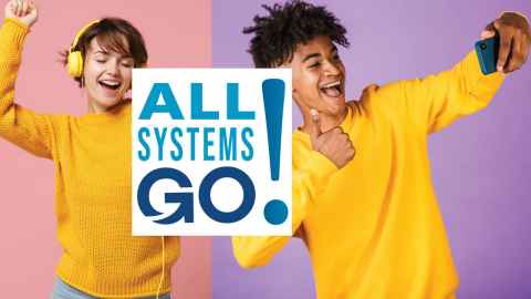All Systems Go! Graphic with two students dancing