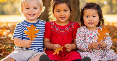Three toddler under a tree holding oak leaves