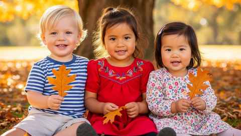 Three toddler under a tree holding oak leaves