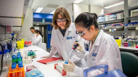 Dr Jo Perry and student in the Liggins Institute laboratory