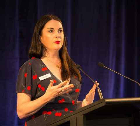 Event MC Kate Hannah, whose idea and research led to the renaming of the atrium space.