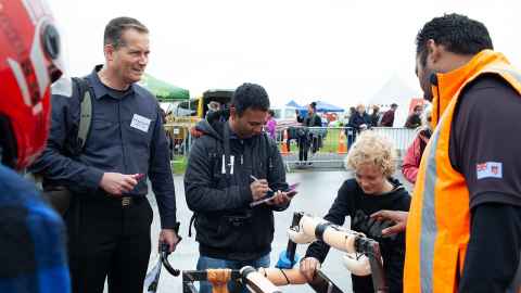 Professor Kevin Sowerby and Dr Duleepa Thrimawithana assessing a competitor's vehicle.