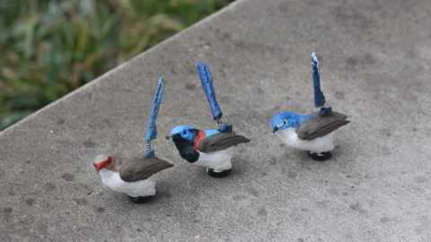 Three 3D-printed fairy-wren models
