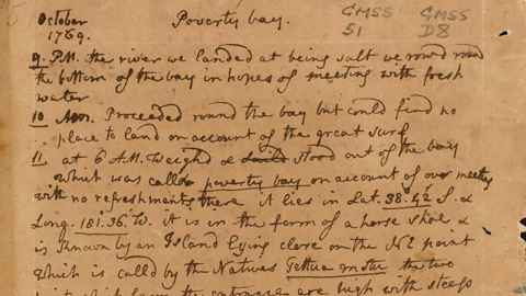Image shows Joseph Banks' handwriting from a journal kept during the first voyage of Captain Cook. 1769-1770. 