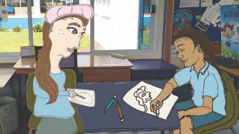 A composite drawing Julie and one of her research participants did of each other while they were interviewing.