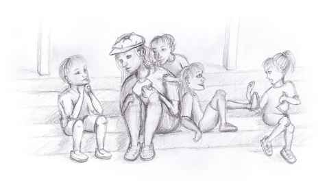 A pencil drawing of Julie eating lunch with her research participants.