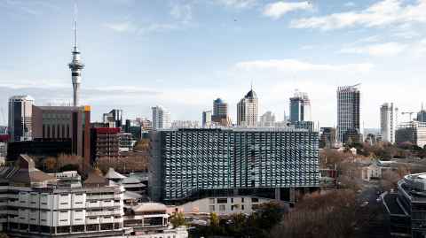 View of the University of Auckland city campus seen from the East. The new engineering building is in the centre, with the Science Centre and Architecture buildings to the left.