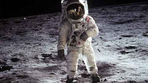 Buzz Aldrin is pictured on his moon walk, in the footsteps of Neil Armstrong, this day 50 years ago.